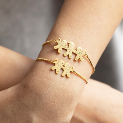 Personalized 1-3 Gingerbread Men Bracelet with Name, Sterling Silver 925 Family Bracelet, Adjustable Jewelry, Christmas Gift for Women/Kids/Friends