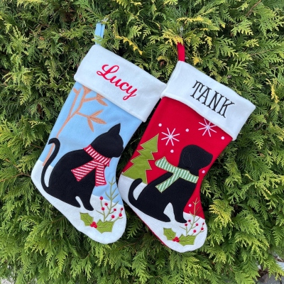 Personalized Embroidered Name Dog/Cat Christmas Stocking, Cute Pet Design Stocking, Winter Holiday Home Decor, Christmas Gift for Pet Owners/Lovers