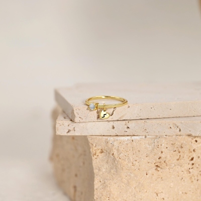 Custom Birthstone Engraved Initial Ring with Heart Charm, Letter Wrap Ring, Dangle Initial Tiny Heart Ring, Women's Christmas Ornament, Gift for Her