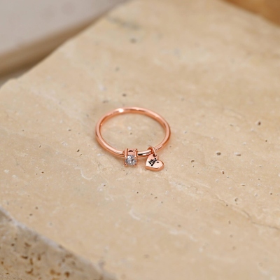 Custom Birthstone Engraved Initial Ring with Heart Charm, Letter Wrap Ring, Dangle Initial Tiny Heart Ring, Women's Christmas Ornament, Gift for Her