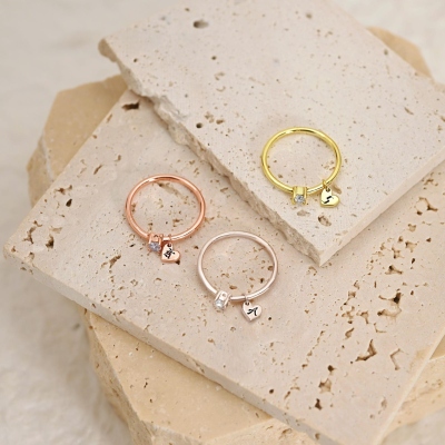Custom Birthstone Engraved Initial Ring with Heart Charm, Letter Wrap Ring, Dangle Initial Tiny Heart Ring, Women's Christmas Ornament, Gift for Her