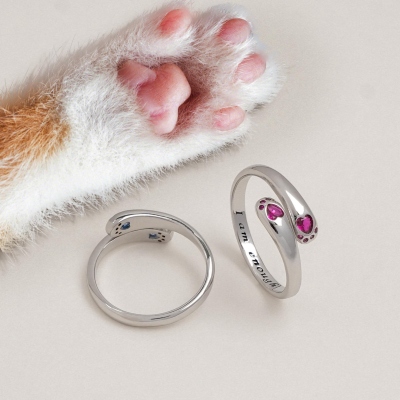 Custom Birthstone Hug Cat Paws "I Am Enough" Ring, Sterling Silver 925 Cat Paw Ring, Cat Jewelry for Women, Memorial/Christmas Gift for Pet Lovers
