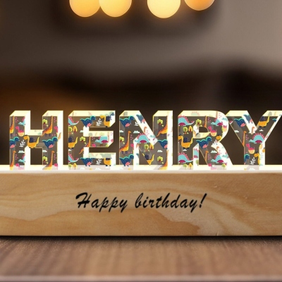 Personalized Name Cartoon LED Night Light, Acrylic Night Lamp with Wooden Base, Nursery Decor, Baby Shower/Birthday Gift for Newborns/Boys/Girls