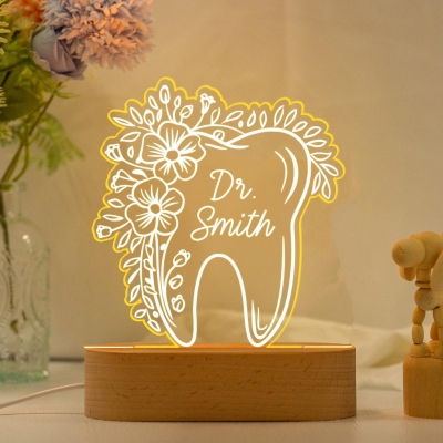 Personalized Name Tooth LED Night Light, Acrylic Night Lamp with Wooden Base, Desk Decor, Appreciation/Graduation Gift for Dentists/Odontologists