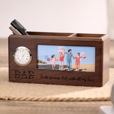 Personalized Name & Picture Pen Holder With Clock, Wooden Desk Organizer with Photo Frame, Desk Decor, Graduation/Birthday Gift for Him/Dad/Husband