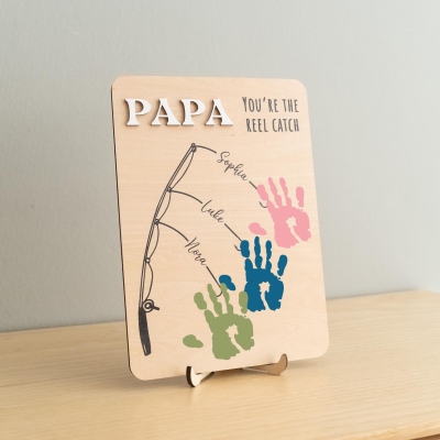 Personalized Fishing Family 1-3 Handprint Sign with Name, Wooden Funny Home Decor, Birthday/Anniversary/Father’s Day Gift for Dad/Grandpa/Family