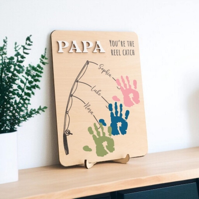 Personalized Fishing Family 1-3 Handprint Sign with Name, Wooden Funny Home Decor, Birthday/Anniversary/Father’s Day Gift for Dad/Grandpa/Family