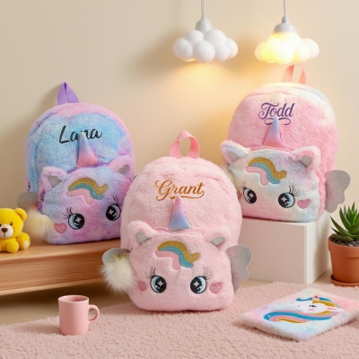 Personalized Embroidered Name Rainbow Unicorn Backpack, Cute Furry Large Capacity School Bag, Easter/Back to School/Birthday Gift for Girls/Kids