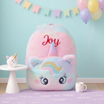 Personalized Embroidered Name Rainbow Unicorn Backpack, Cute Furry Large Capacity School Bag, Easter/Back to School/Birthday Gift for Girls/Kids