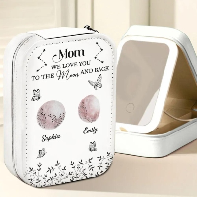 Custom Name We Love You To The Moon And Back Jewelry Box with LED Mirror, PU Leather Travel Makeup Box, Mother's Day/Birthday Gift for Her/Mom/Grandma