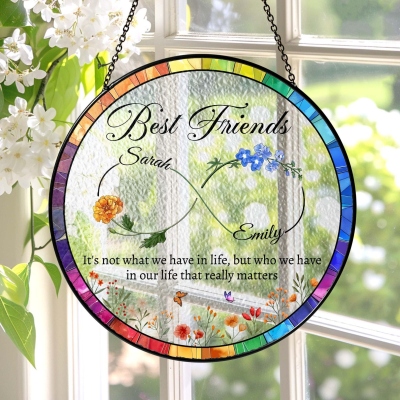 Custom Best Friend Names Stained Glass Suncatcher with Birth Flower, Window Hanging Decor, Friendship/Long Distance Gift for Soul Sisters/Besties/Her