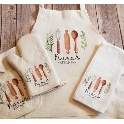 Personalized Name Watercolor Apron Kitchen Set, Linen Vintage Oven Mitt Tea Towel Apron Set, Kitchen Supplies, Mother's Day Gift for Mom/Grandma/Her