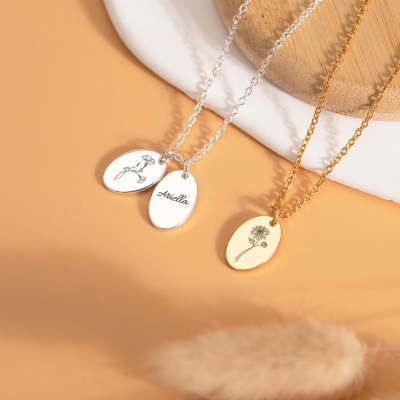 Custom Birth Flower Charm Necklace with Engraving, Sterling Silver 925 Minimalist Women's Jewelry, Mother's Day/Anniversary Gift for Mom/Grandma/Her