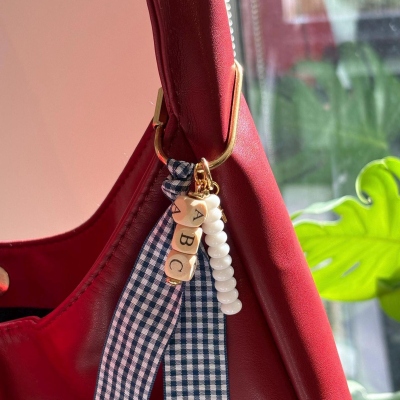 Personalized Name Beads Gingham Ribbon Keychain, Custom Bag Hanging Keychain with Letter Charm, Handbag Accessory, Birthday Gift for Besties/Mom/Her