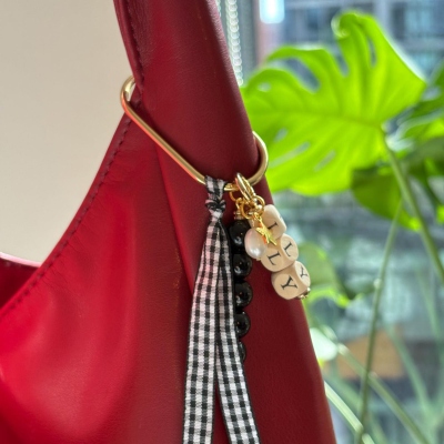 Personalized Name Beads Gingham Ribbon Keychain, Custom Bag Hanging Keychain with Letter Charm, Handbag Accessory, Birthday Gift for Besties/Mom/Her