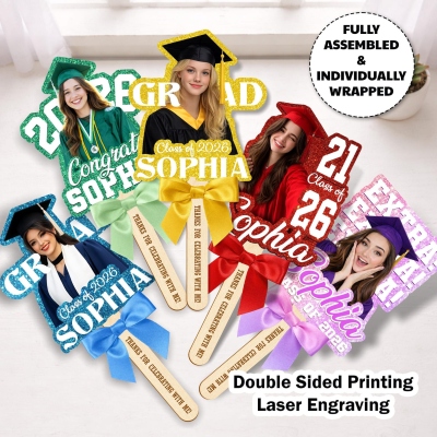 Personalized Face & Name Graduation Fan with Wooden Handle, Sparkle Graduation Big Head Photo Fan, Graduation Party Favor, Gift for Graduates/Girls