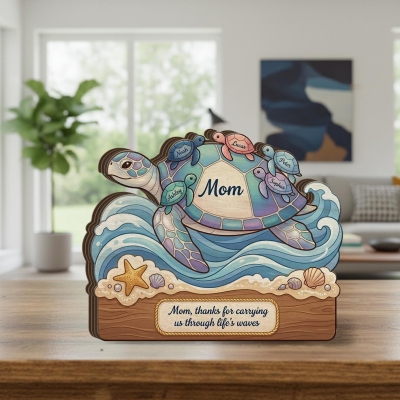Personalized Sea Turtle Mom & Baby Plaque with Names, Wooden Ocean Wave Family Sculpture, Home Decor, Mother's Day/Birthday Gift for Mom/Grandma/Her
