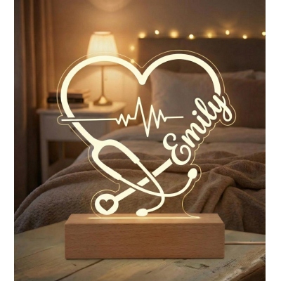 Custom Name Line Art Heart Stethoscope LED Night Light, Acrylic Night Lamp with Wooden Base, Appreciation/Graduation Gift for Nurses/Medical Staff