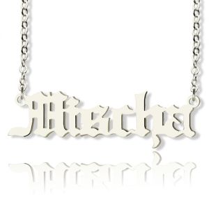 Mischa Barton Style Old English Font Name Necklace Solid White Gold