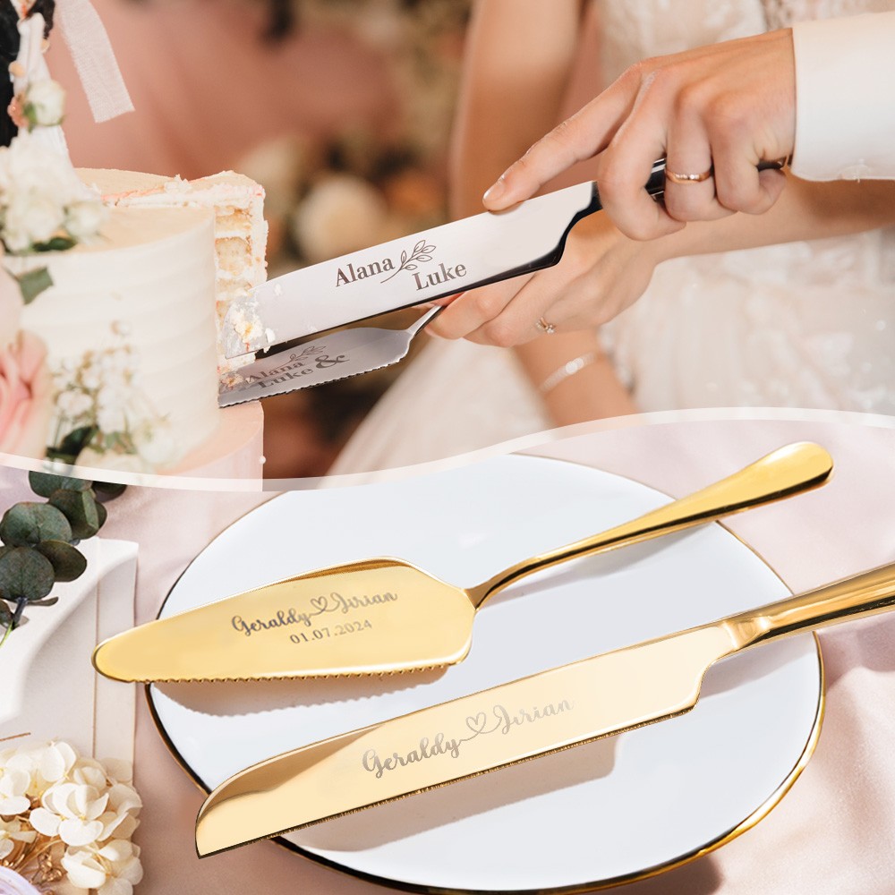 thumbnail image 2 of Personalized Cake Knife Server Cutting Set Engraved With Names And Date Wedding Bridal Shower Gift For Newlywed Couple 2 of 10