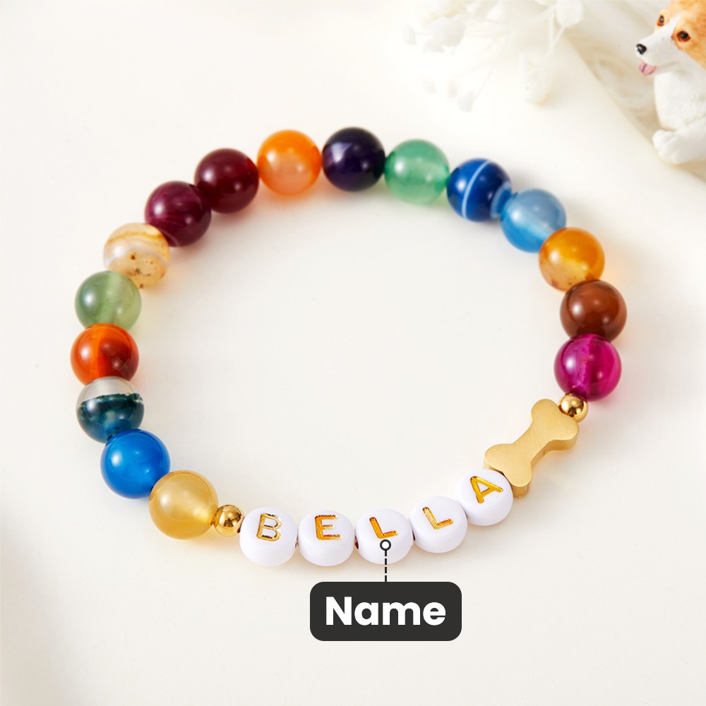 Personalized Pet Name Dog Bone Beaded Bracelet, Agate Crystal Stretch Bracelet, Pet Memorial Jewelry, Gift for Dog Mom/Pet Lover