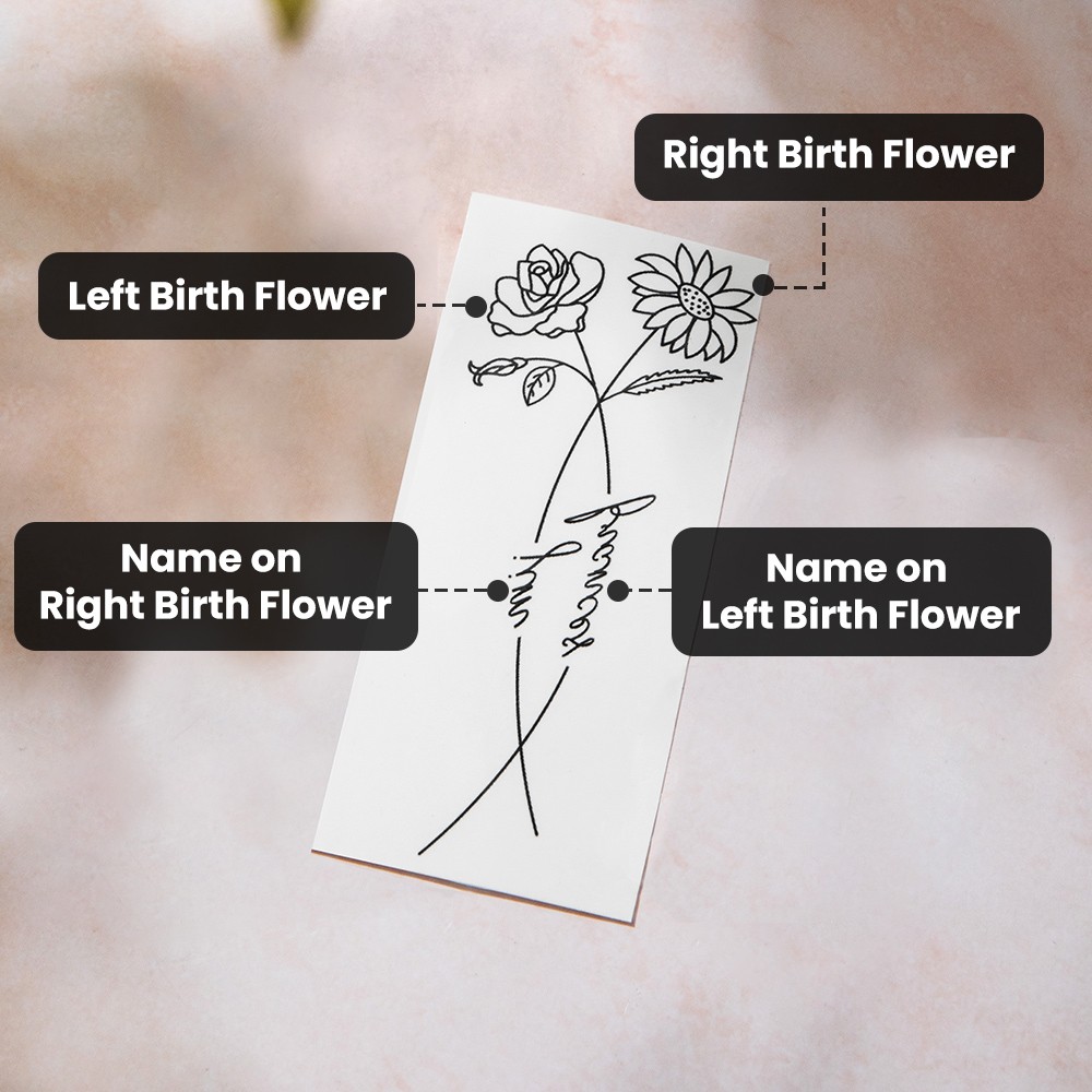 Personalized 2 Name & 2 Birth Flowers Tattoos Designs, Temporary Tattoo Sticker, Digital Downloadable, Gift for Couple/Best Friend/Family