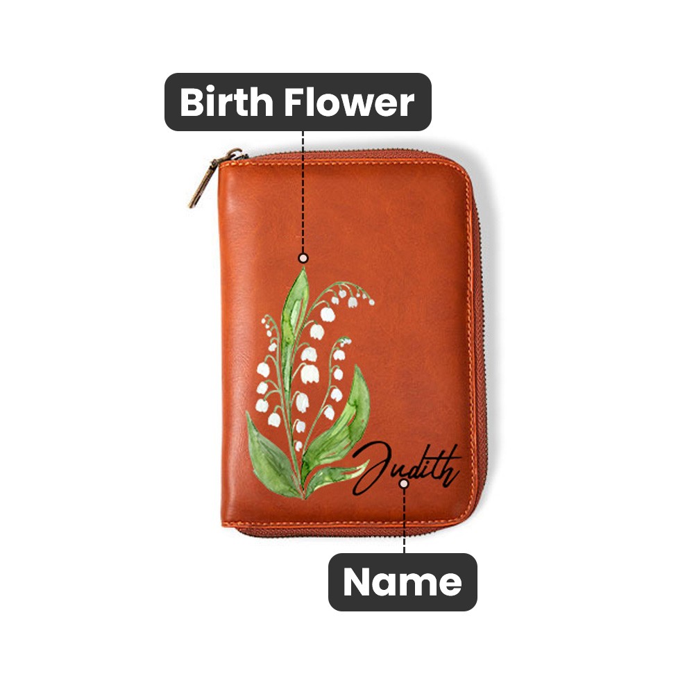 Personalized Watercolor Birth Flower Leather Travel A6 Notebook Organizer, with Pencil Holder Notepad and Zipper Lock, Birthday Gift for Travel Lovers