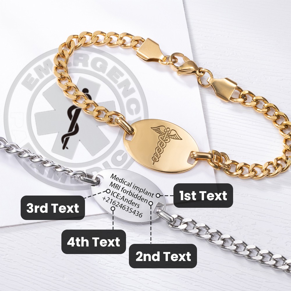 Custom Stainless Steel Caduceus Rod Medical Alert ID Bracelets with Engraving Text, Emergency Wristband, Gift for Diabetes Allergy Epilepsy Autism