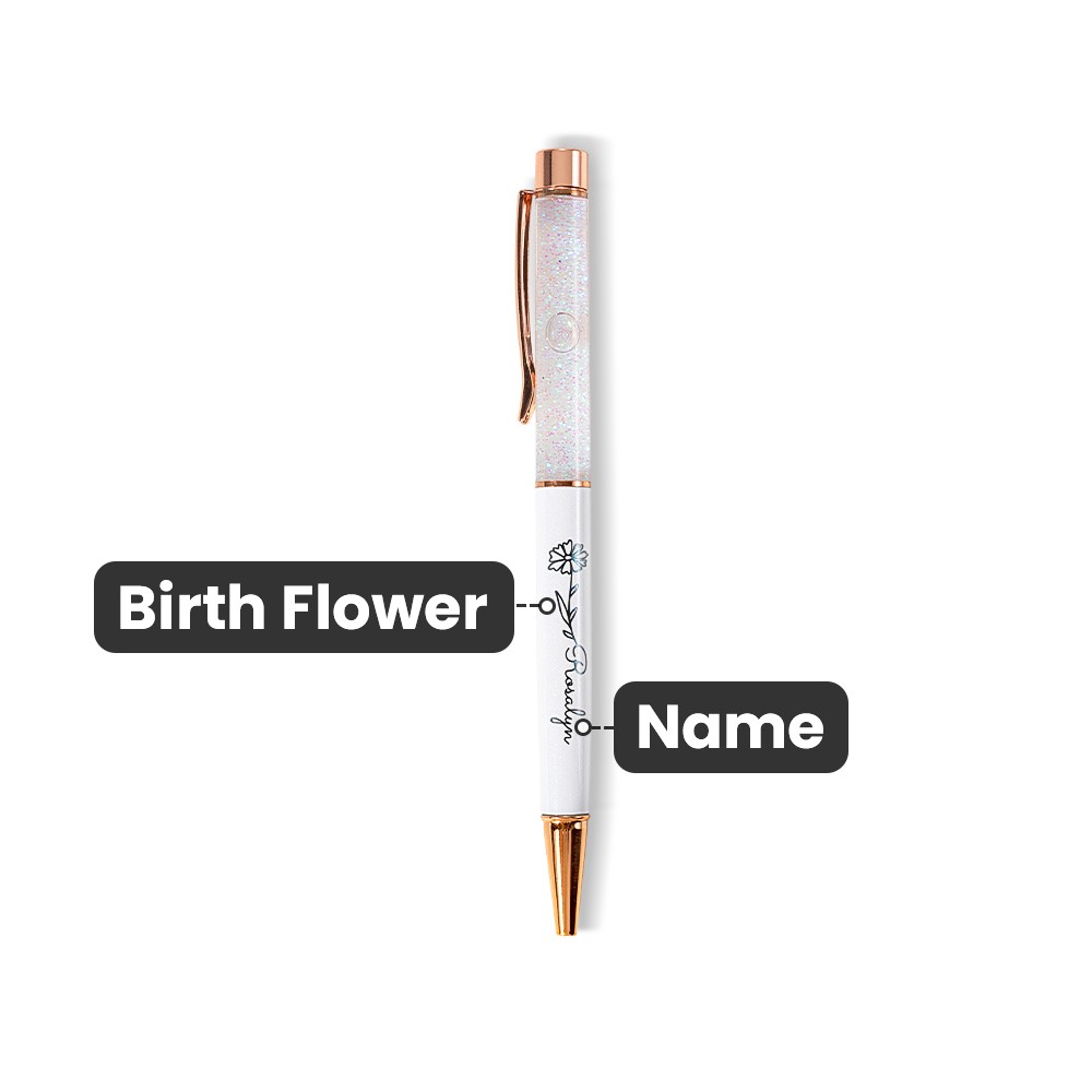 Custom Engraved Name Birth Flower Floating Glitter Pens, Bling Dynamic Liquid Sand Pens Set of 2, Graduation/Appreciation Gifts for Students/Teachers