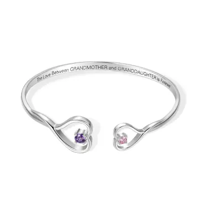 Personalized Double Birthstone Heart Adjustable Bangle with Card, Family Jewelry, Christmas/Birthday Gift for Grandma/Granddaughter