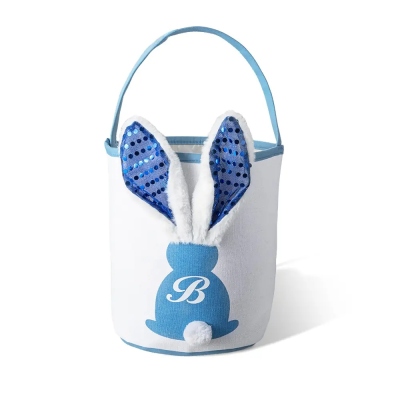 Personalized Easter Bunny Basket with Sequin Long Plush LED Light up Ears, Custom Initial Easter Glow Candy Gift Bag, Easter Gift for Kids/Family