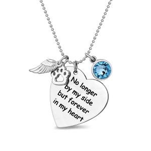 Custom Pet Memorial Heart Birthstone Necklace With Wing And Paw Print