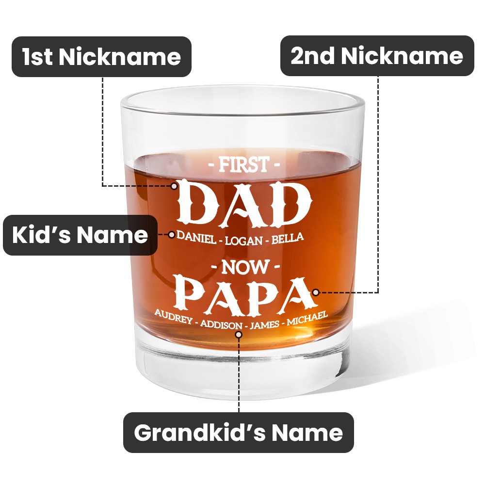 Personalized First Dad Now Grandpa 10oz Whiskey Glass, Engraved Kid Name Clear Glass, Alcohol Gift, Birthday Father's Day Gift for Dad/Grandpa