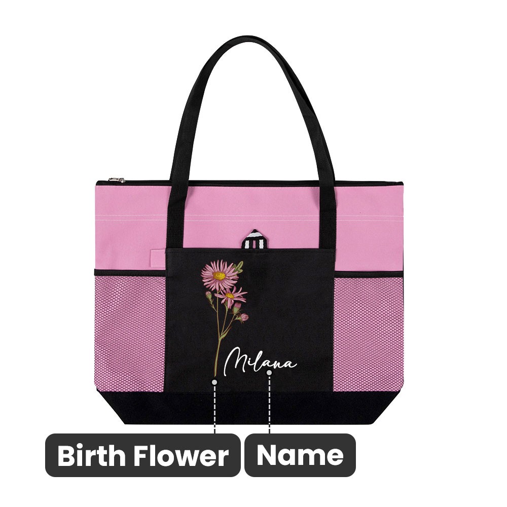 Personalized Name Birth Flower Tote Bag, Large Capacity Canvas Tote Bag with Mesh Pocket, Women's Shopping Bag, Birthday/Mother's Day Gift for Her/Mom