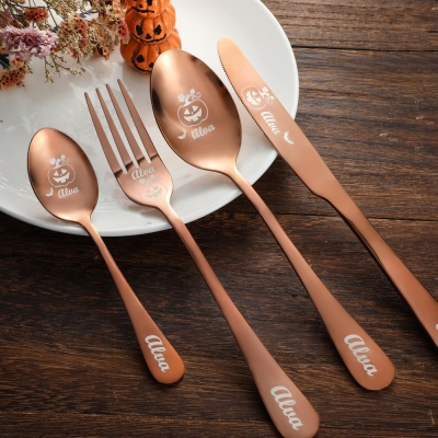 Halloween Gift Engravable Dinnerware Spoon Folk Knife Cutlery Set Pumpkin Ghost Cat Style