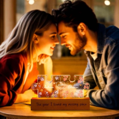 Personalized Couple Puzzle LED Night Light, Wooden Birth Flower Night Light, Anniversary Gifts for Lover, Valentine's Day Gift, Christmas Gift for Her