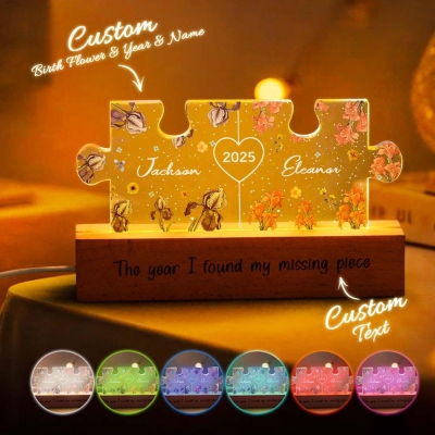 Personalized Couple Puzzle LED Night Light, Wooden Birth Flower Night Light, Anniversary Gifts for Lover, Valentine's Day Gift, Christmas Gift for Her
