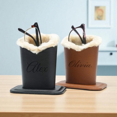Personalized Leather Glasses Holder with Plush Lining, Custom Name Eyeglasses/Sunglasses/Phone Stand, Cute Desk Organizer, Birthday Gift for Her/Him