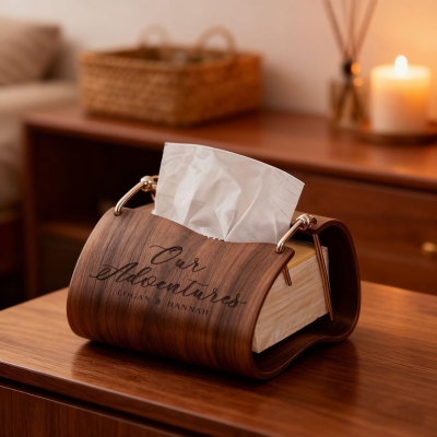 Personalized Walnut Wood Tissue Box with Engraved Name, Elegant Tissue Holder with Metal Handle, Home Decor, Wedding/Housewarming Gift for Couple/Her