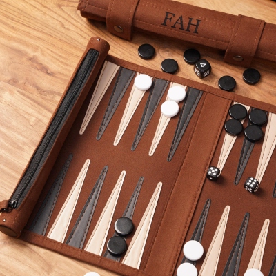 Personalized Leather Backgammon Set with Name, Vintage Travel Portable Roll-Up Board, Game Night Accessories, Birthday Gift for Chess Lovers/Groomsmen