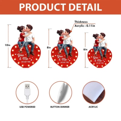 Custom Names Cartoon Kissing Couple on Heart LED Night Light, Acrylic Warm Glow Night Lamp, Bedroom Decor, Valentine's Day Gift for Her/Him/Couples