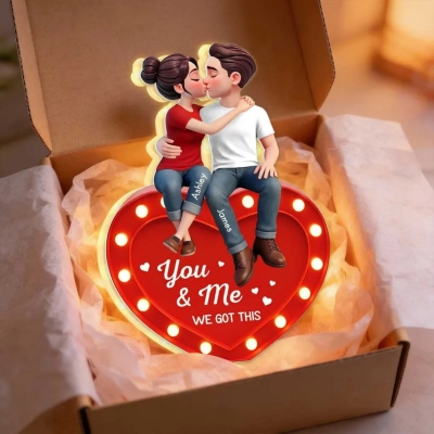 Custom Names Cartoon Kissing Couple on Heart LED Night Light, Acrylic Warm Glow Night Lamp, Bedroom Decor, Valentine's Day Gift for Her/Him/Couples