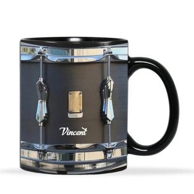 Personalized Black Vintage Drum Mug with Name, 11oz/15oz Ceramic Drumming Coffee Mug, Birthday/Anniversary Gift for Drummers/Music Enthusiasts/Friends