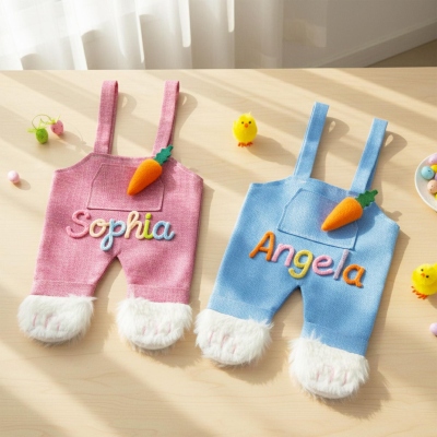Personalized Easter Overalls Egg Hunt Bag with Name Yarn, Linen Bunny Tote Bag with Furry Feet, Easter Party Favor, Easter Gift for Kids/Boys/Girls