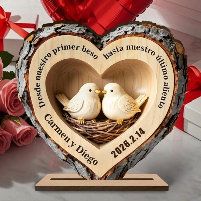 Personalized Couple Names Carved Log Heart Sign, First Kiss Love Nest Home Decor, Anniversary/Valentine's Day gift for Couples/Newlyweds