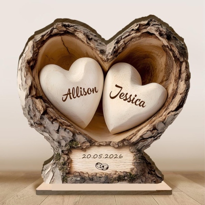 Personalized Couple Names Carved Log Heart Sign, First Kiss Love Nest Home Decor, Anniversary/Valentine's Day gift for Couples/Newlyweds