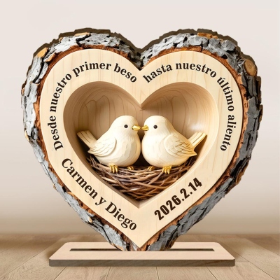 Personalized Couple Names Carved Log Heart Sign, First Kiss Love Nest Home Decor, Anniversary/Valentine's Day gift for Couples/Newlyweds