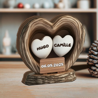 Personalized Couple Names Carved Log Heart Sign, First Kiss Love Nest Home Decor, Anniversary/Valentine's Day gift for Couples/Newlyweds