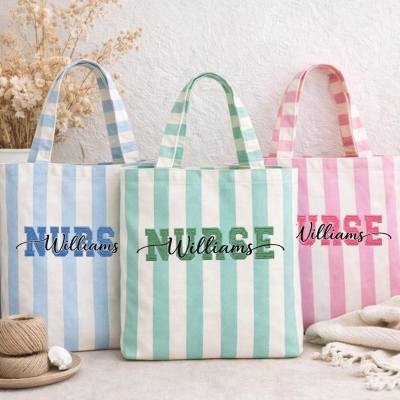 Personalized Embroidered Name Striped Nurse Tote Bag, Large Capacity Canvas RN Daily Handbag, Appreciation/Graduation Gift for Nurses/Medical Staff