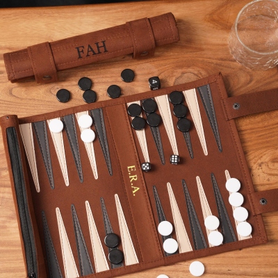 Personalized Leather Backgammon Set with Name, Vintage Travel Portable Roll-Up Board, Game Night Accessories, Birthday Gift for Chess Lovers/Groomsmen
